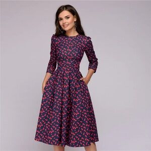 Red and Blue Pleated A-Line Dress with 3/4 sleeves